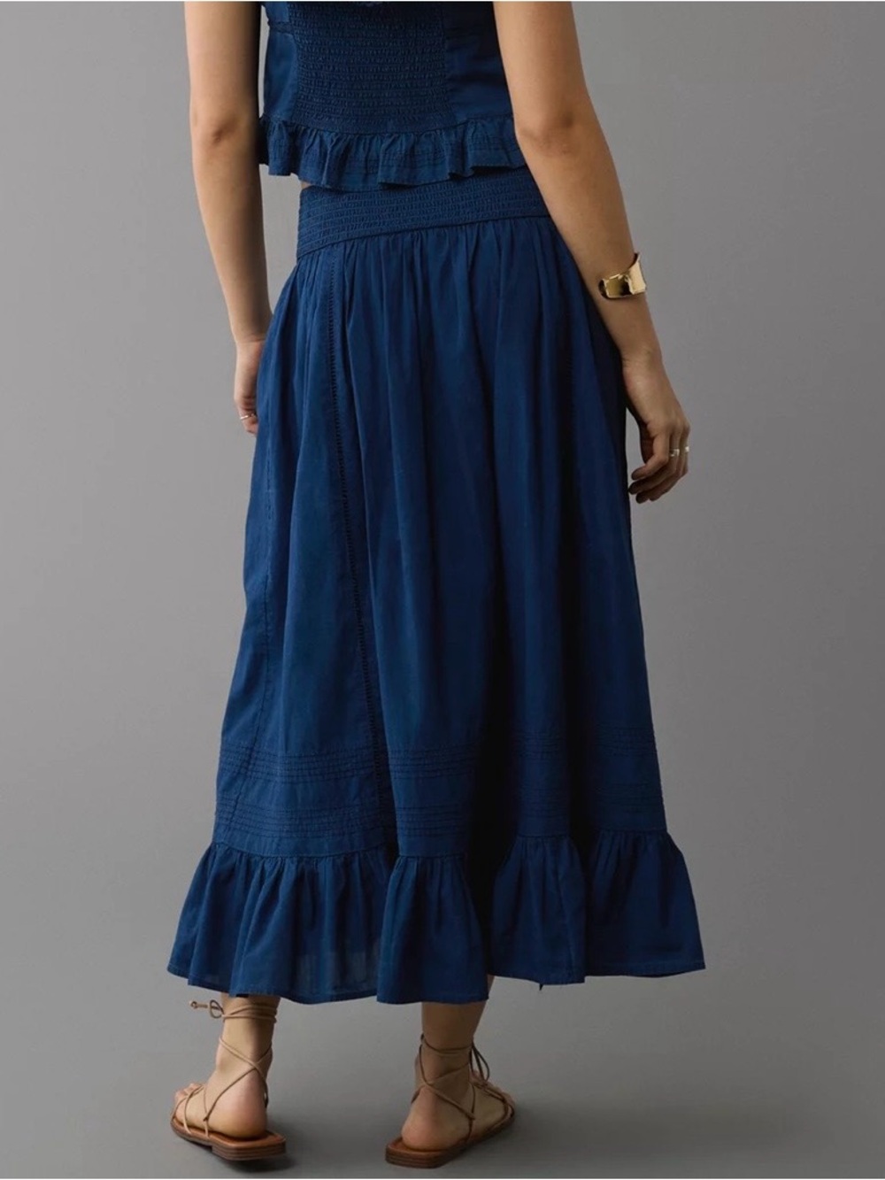 American Eagle NWT High-Waisted Ruffle Maxi Skirt M Blue Lace Boho Fall Denim - Picture 3 of 16